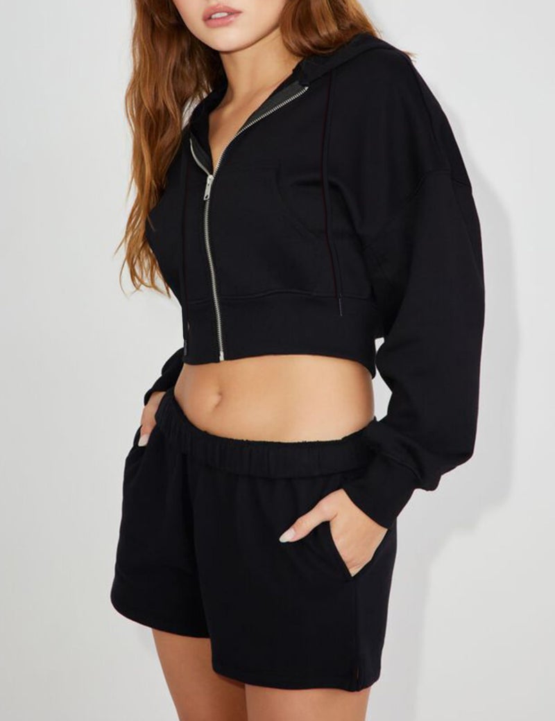 Hooever Womens Cute Workout Cropped Zip Up Drawstring Hoodie Sweatshirt Jacket Black - Image 3